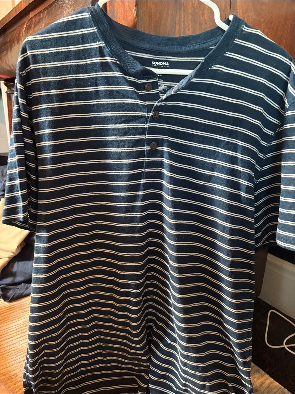 Sonoma Navy and White Striped Henley Polo